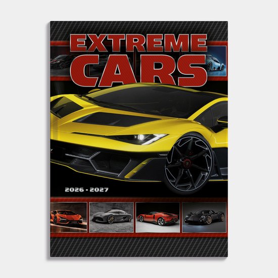 Agenda Extreme Cars 2026-2027. Voorpagina met gele Lamborghini Aventador SVJ, details van zes sportwagens.