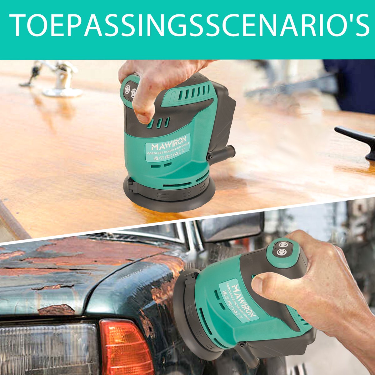 Børsteloze orbitale schuurmachine compatibel met Makita 18V-batterij, draadloze excentrische schuurmachine met 12 schuurbladen, 360° roterend schuren, voor het schuren en polijsten van metaal/hout (alleen gereedschap, zonder batterij). – foto 4
