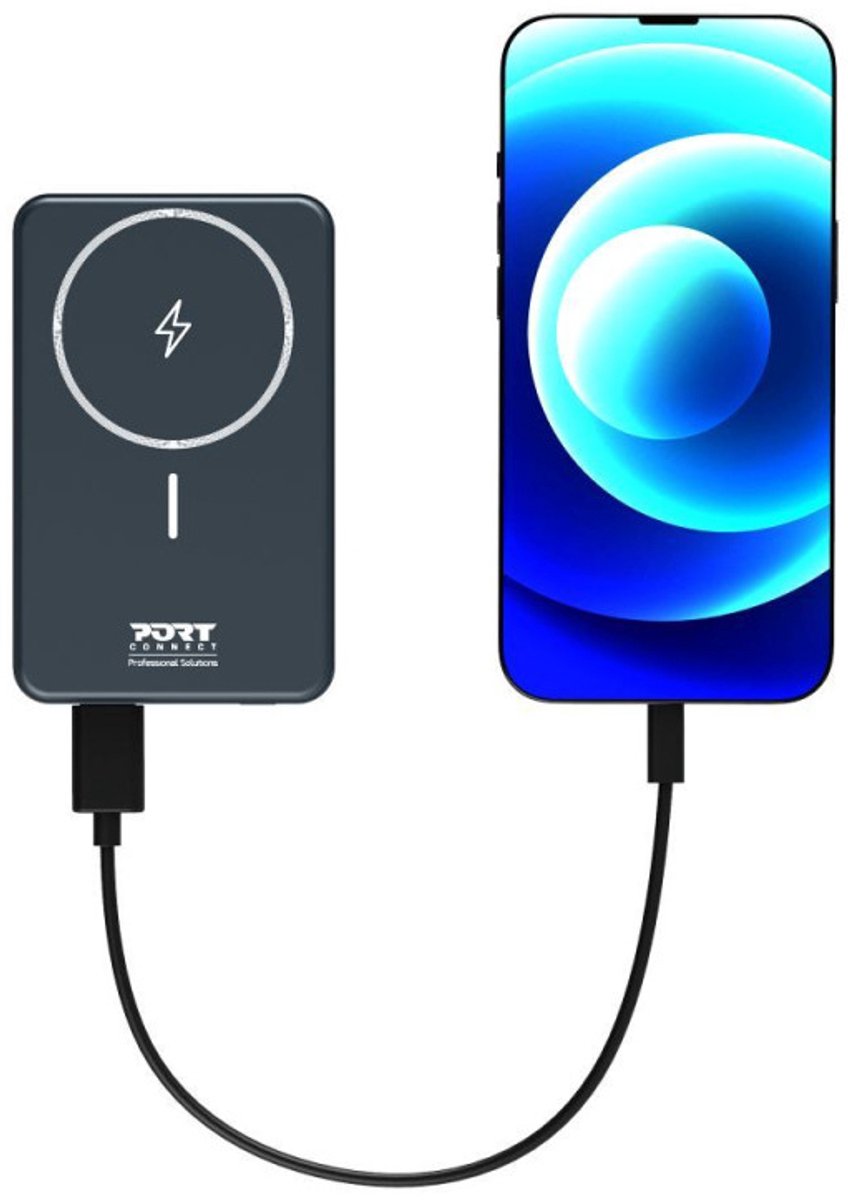 Port Designs 907005 Black - Powerbank 10000 mAh - USB-C - USB-A - draadloos opladen - MagSafe-compatibel - zwart