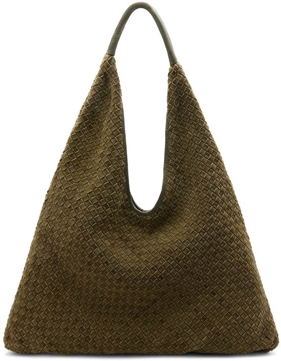 Manfield Khaki Gevlochten Suède Schoudertas Met Drukknoop - Maat Onesize