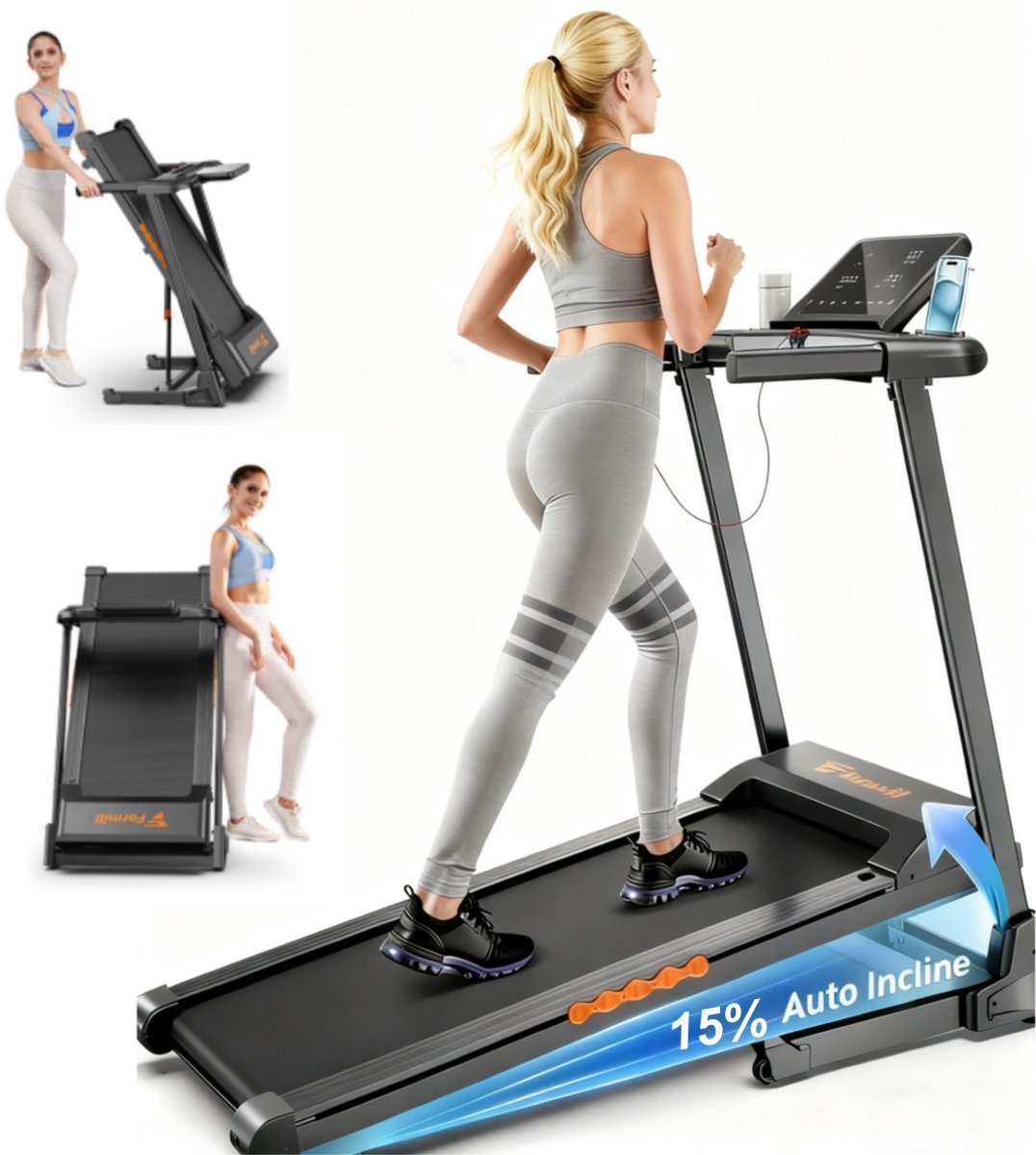 FT61 Opvouwbare Loopband, Fitnessloopband, 15% Elektrische Hellingshoek, 3,0 pk Motor, Snelheid 1–14 km/u, LED-display, Tablethouder