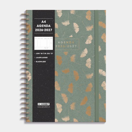 Hobbit - A4 Agenda 2026-2027 - Spiraal Agenda - 1 week op 2 pagina's - Harde Kaft - Agenda A4 (21 x 29,7 cm) - Ginkgo Goud