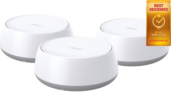 Drie witte Deco routers met 'Best Reviewed Router 2025' keurmerk.