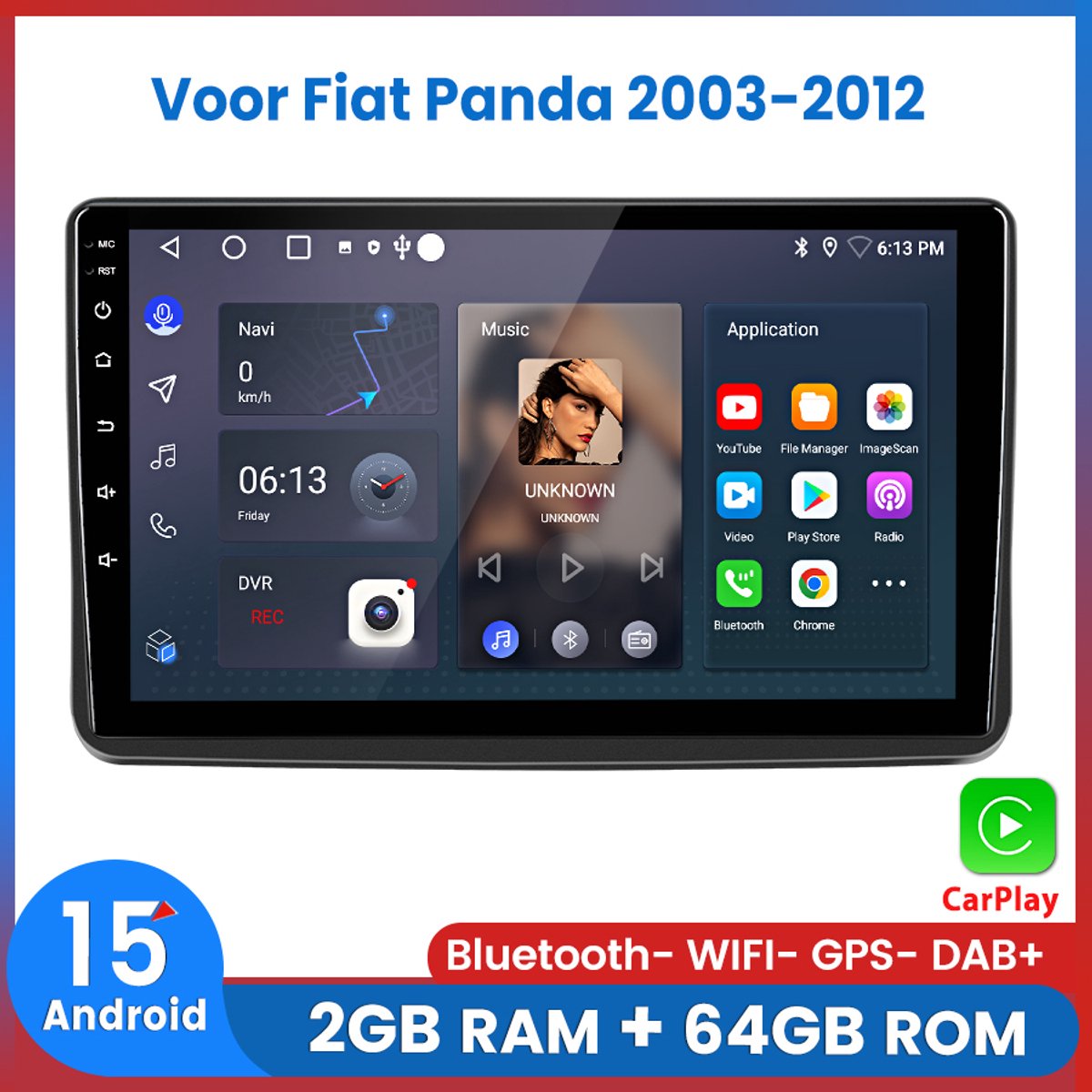 Awesafe Autoradio - Geschikt Voor Fiat Panda 2003 t/m 2012 - RAM 2GB + ROM 64GB - Draadloos Apple Carplay & Android auto - GPS Navigatie Bluetooth WIFI - 2003 2004 2005 2006 2007 2008 2009 2010 2011