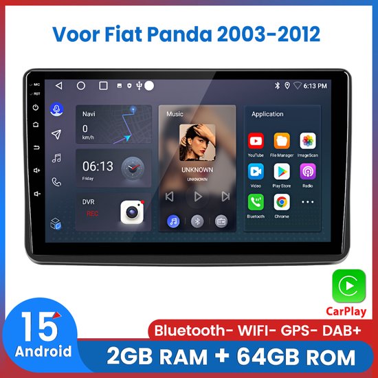 Awesafe Autoradio - Geschikt Voor Fiat Panda 2003 t/m 2012 - RAM 2GB + ROM 64GB - Draadloos Apple Carplay & Android auto - GPS Navigatie Bluetooth WIFI - 2003 2004 2005 2006 2007 2008 2009 2010 2011