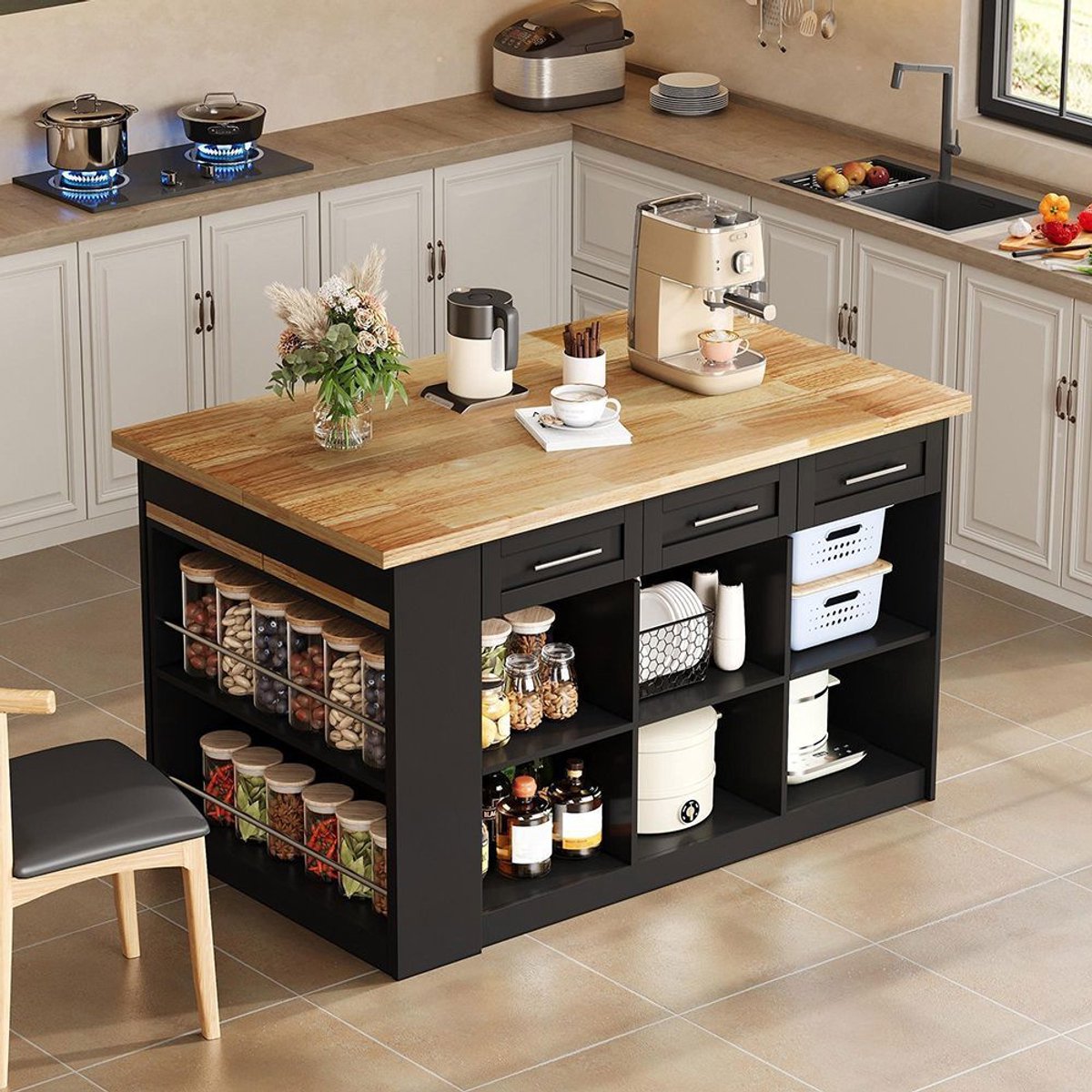 BLACKCOLORS Multifunctioneel keukeneiland, 150 x 96 cm, met uitschuifbare tafel in zwart, werkblad/tafel met gelamineerd houtnerf en ingebouwde opbergkasten. Ideaal voor gezinskeukens en om gasten te ontvangen.