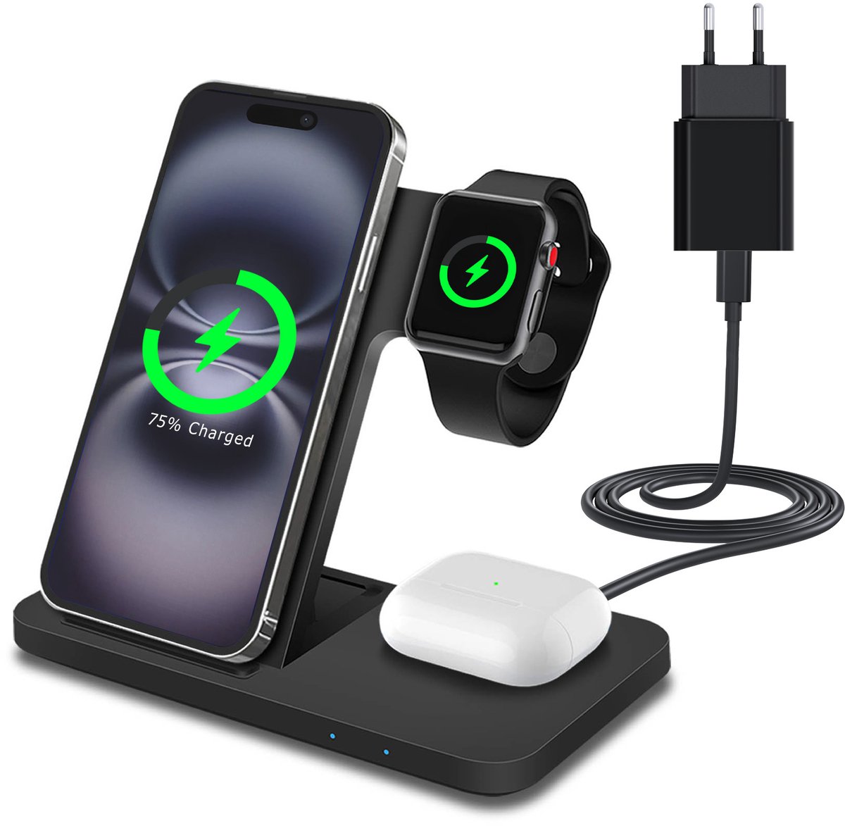 Draadloos Oplaadstation voor Smartphone, Smart Watch en Oordopjes van MMOBIEL – 3-in-1 Multi Oplader 18W – Draadloze Snellader - Inclusief 20W Adapter - Zwart