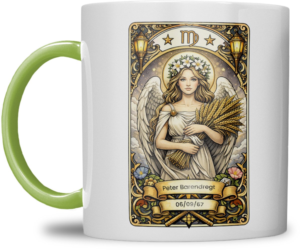 Sterrenbeeld mok - Maagd - Licht Groen - Tarot mok - Gepersonaliseerd met naam en datum