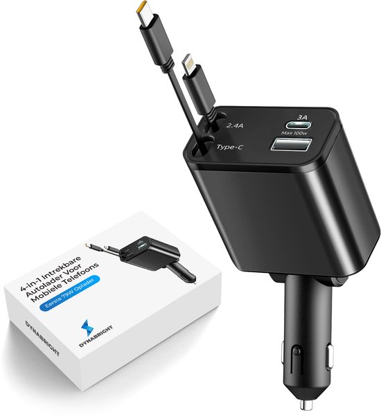 Chargeur de voiture noir rétractable 4-en-1 pour téléphones portables, avec câbles USB-C et Lightning.