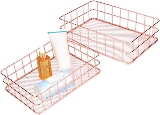 Metaaldraad Opbergmanden Set van 2 - Ideaal voor Make-up Opbergging - Rose Gold Desk Organizer voor Thuiskantoor - Stijlvol en Functioneel