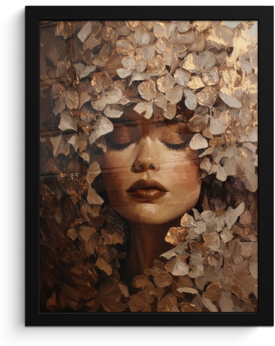 FrameYourWall Poster in lijst - Fotolijst 30x40 cm - Posters - Gezicht - Vrouwe - Bladeren - Penseelstreken - Posterlijst zwart - Decoratie - Wanddecoratie woonkamer - Muurdecoratie slaapkamer Gezicht - Vrouw - Bladeren