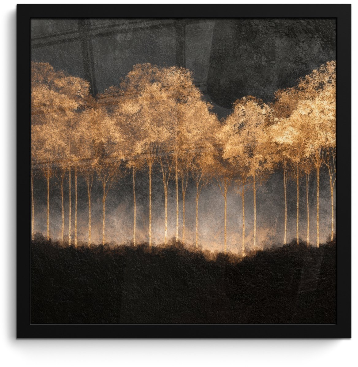 FrameYourWall Poster in lijst - Fotolijst 40x40 cm - Posters - Gouden Bomen in Mistig Landschap - Posterlijst zwart - Decoratie - Wanddecoratie woonkamer - Muurdecoratie slaapkamer Bomen - Mist - Goud