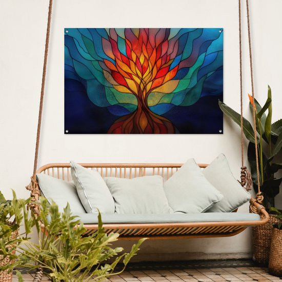 Tuinposter 120x80 cm - Tuindecoratie Sierglas - Boom - Rood - Vlakken - Poster voor in de tuin - Buiten decoratie - Schutting tuinschilderij - Tuindoek muurdecoratie - Wanddecoratie balkondoek