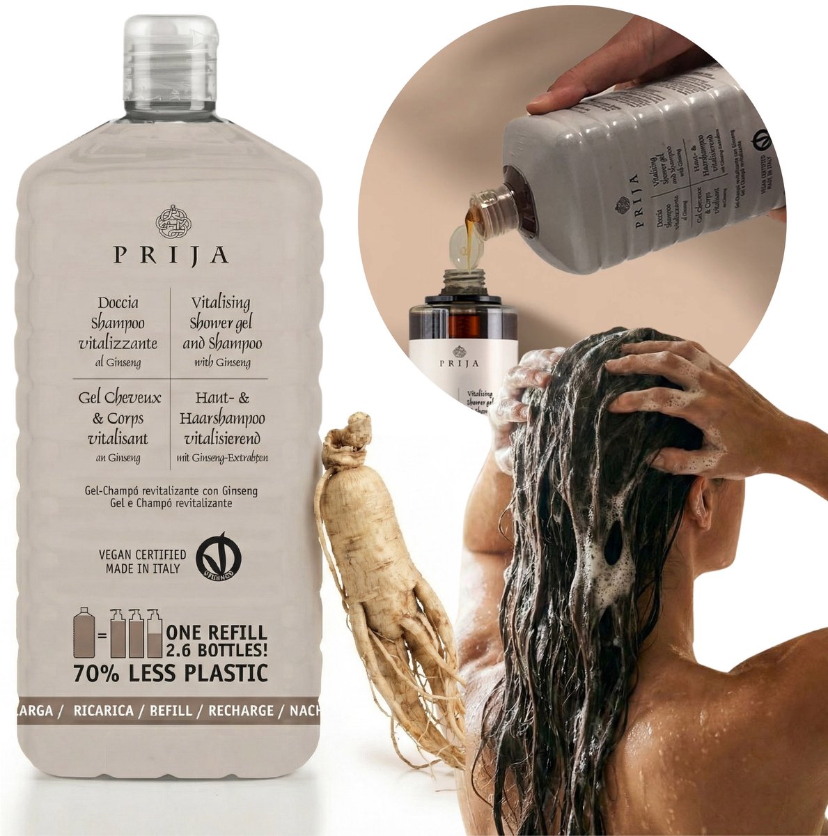 PRIJA 2in1 Haarshampoo, douchegel met ginseng, reserve, aanvulling, VEGAN 1 L