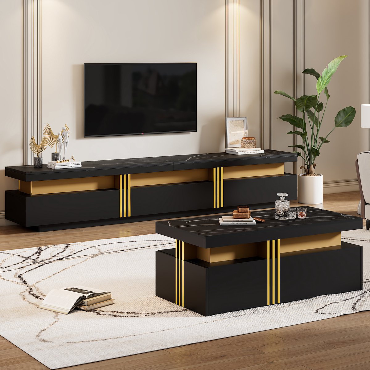 STILVORA TV-Kast Met Salontafel - Zwarte Wandcombinatie Marmerlook Tafelblad En Goudaccenten - 5 Laden - Spaanplaat - TV 200x40x42 Cm - Zwart