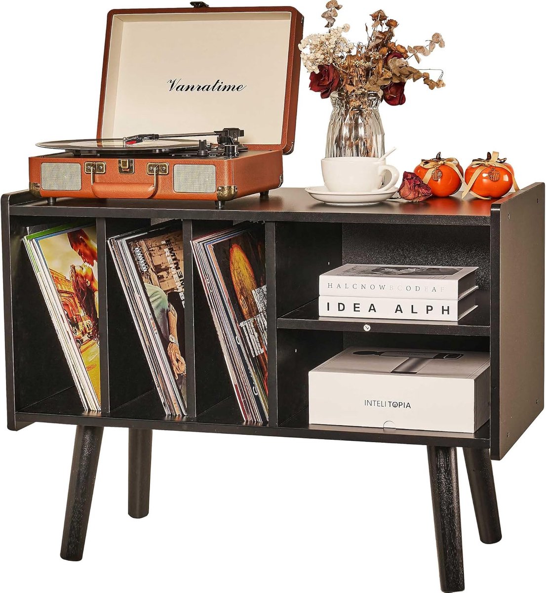Platenspeler Meubel – Stand Platenspelerstandaard Met Vinyl Opbergsysteem - Zwart