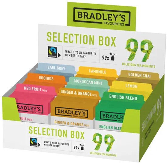 Bradley's Selectiebox met 99 theezakjes in verschillende smaken zoals Earl Grey, Rooibos, Kamille, en Citroen.