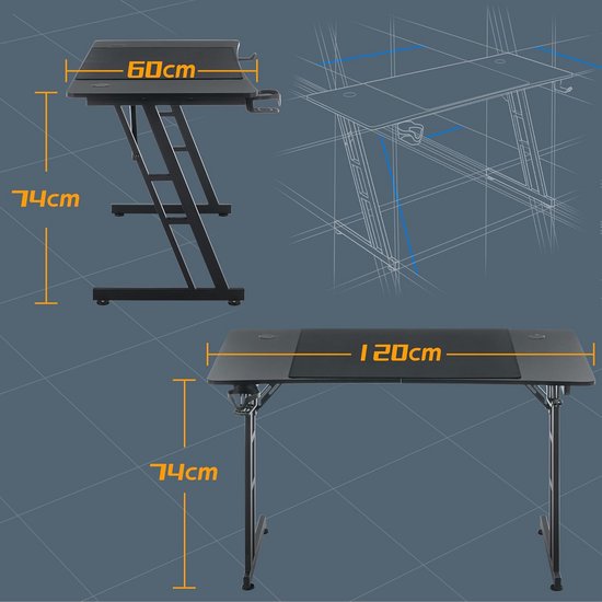 Professionele Gamingtafel 120 x 60 cm Zwart Bureau met Bekerhouder van Merkloos — afbeelding 2
