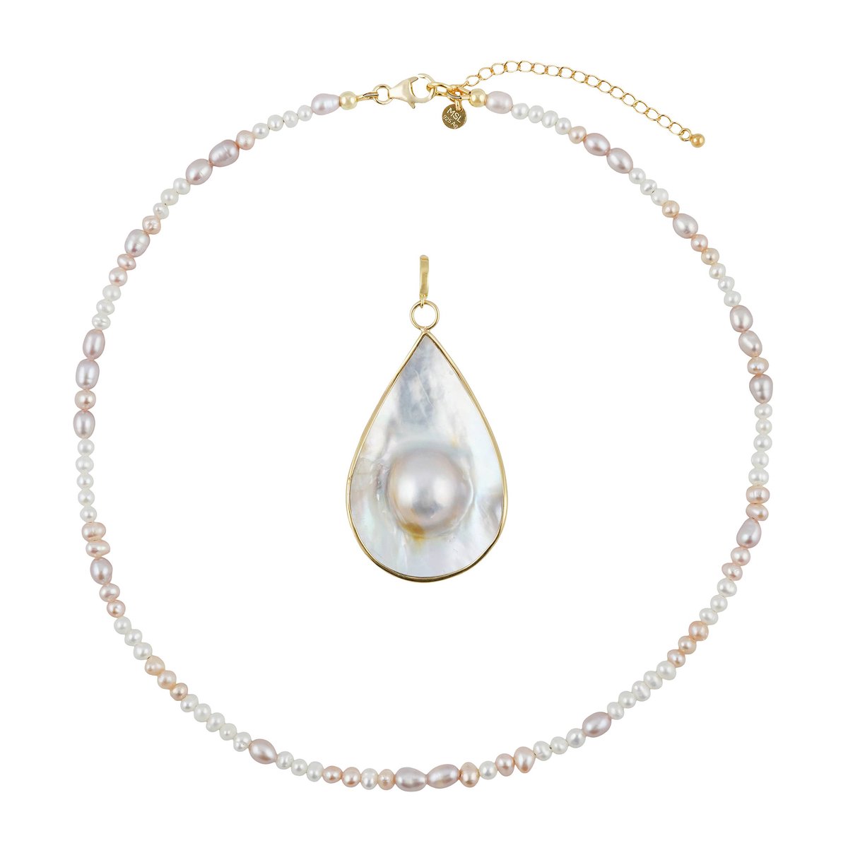 Cavill - Verguld 925 Sterling Zilver Set - Mabe Parel 50x35mm Fancy Slijpsel - Perzikkleurige & Witte Zoetwaterparels - Elegante Bali Barong Ketting