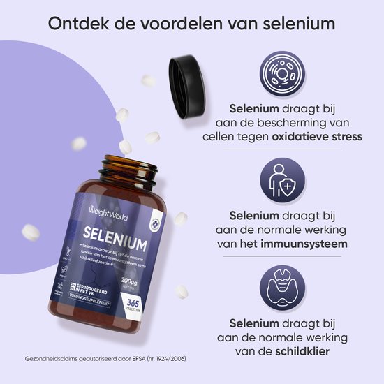 Bruine pot met seleniumpillen, met tekst over voordelen voor immuunsysteem en schildklier.