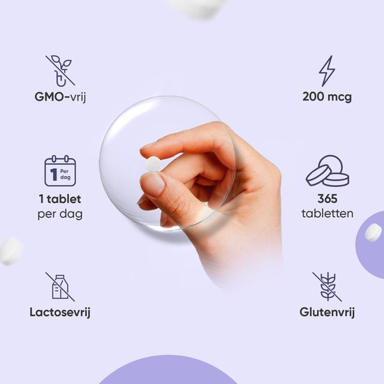 Hand houdt een witte seleniumpil vast, omringd door icoontjes.
