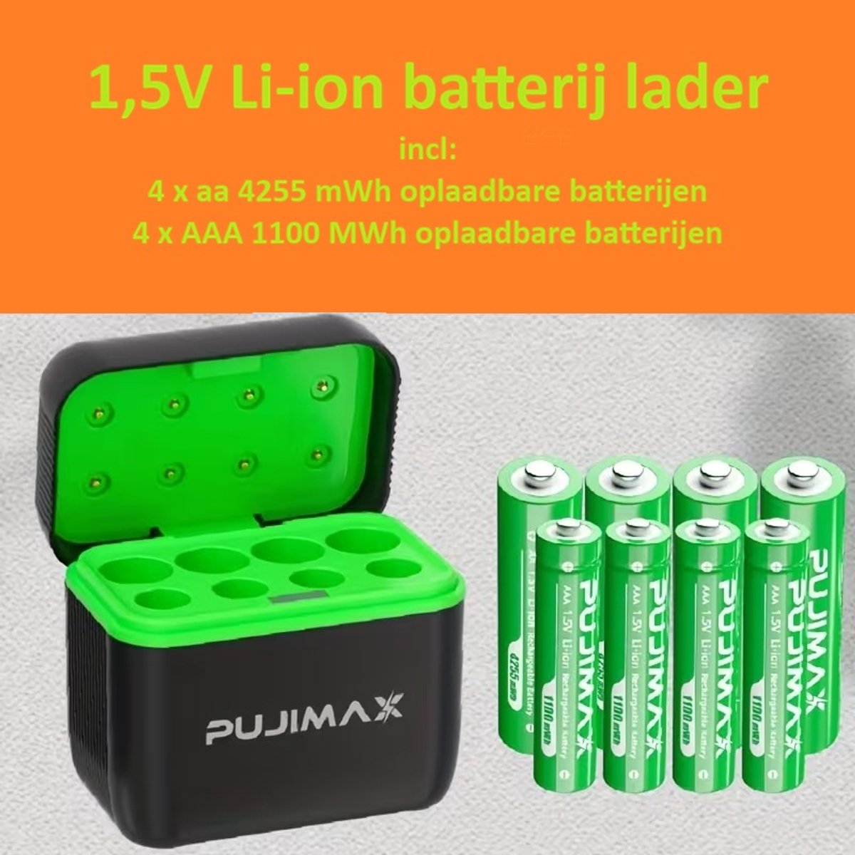 Batterijlader met 4 x AA en 4 x AAA Li-ion oplaadbare batterijen