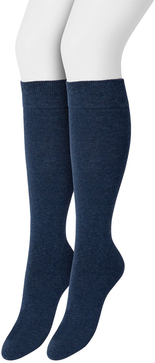 Bonnie Doon Dames Kniekousen Donker Blauw - 2 paar - Knie Kousen - 2-pack - Multipack - Uitstekend draagcomfort - Cotton Knee High - Zakt niet af - Effen - OEKO-TEX - Donkerblauw - Gemeleerd - Dark Blue Heather - OL834302.196