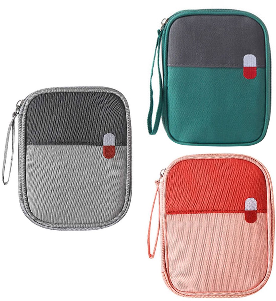 QTTVBTNA - Medicijnetui - Medicijnopbergtas - Mini EHBO Kit - Voor Auto, Thuis, Kantoor, Reizen en Outdoor - Compact en Handig - Roze, Groen en Grijs - 14x11x2 cm - 3 Stuks