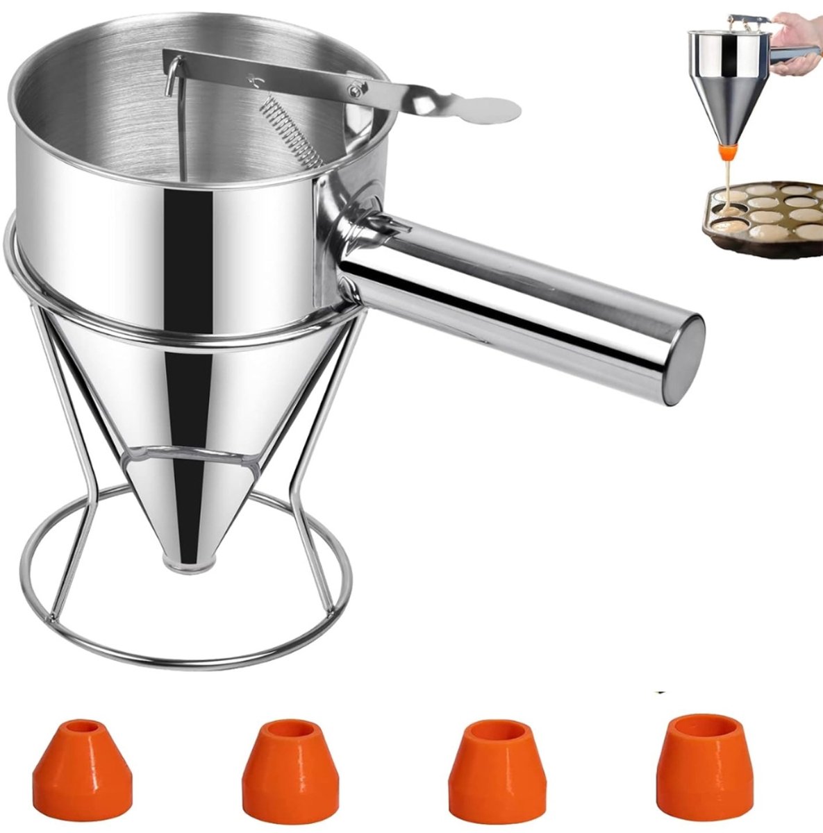 Famanu - Beslagdispenser RVS 600 ml met Rek, pancake pastasdispenser met 4 sproeiers, trechter voor cupcakes, pannenkoeken en bakwaren