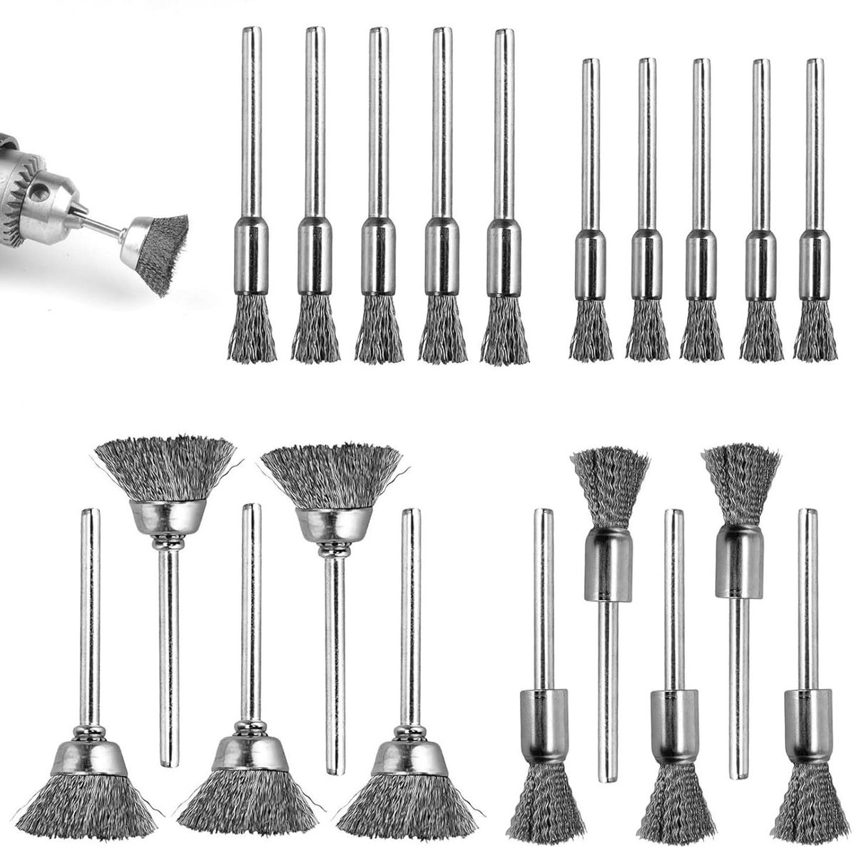 Stalen-Borstels-Set-20-stuks-Accuschroevendraaier-Roestvrij-Staal-3mm-Schacht-4-Maten-5-6-8-15mm-Metalen-Borstel-Dremel-Ruim-Assortiment-Geschikt-Veilig-Robuust.