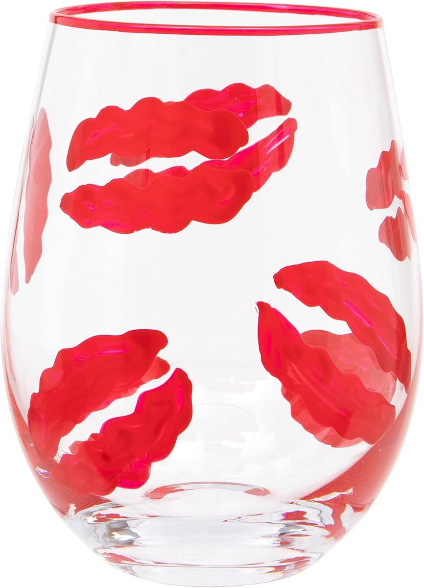 Stemloos Wijnglas met Handgeschilderd Kus Ontwerp - Groot Volume 530ml - Cadeauverpakking