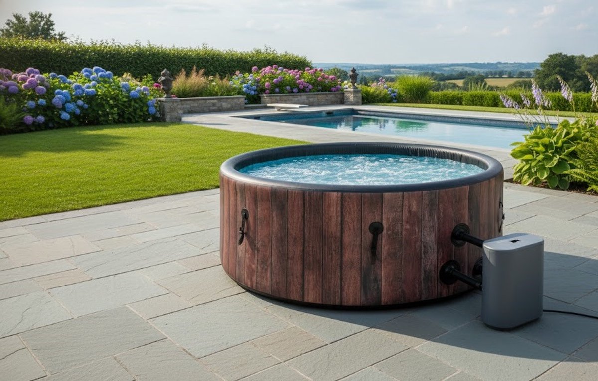 Opblaasbare Jacuzzi voor 6 Personen – Houtlook Tuin Spa met Hydromassage en Verwarming – Bellaverowonen Luxe Outdoor Wellness Whirlpool