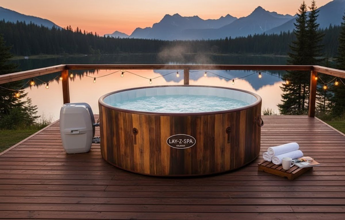 Luxe Opblaasbare Whirlpool Helsinki AirJet – Rond Houtlook Bubbelbad voor 5-7 Personen, 180x66 cm, 180 Massagestralen, Comfortabele Spa voor Thuis, 1123 Liter, Bruin Bellaverowonen