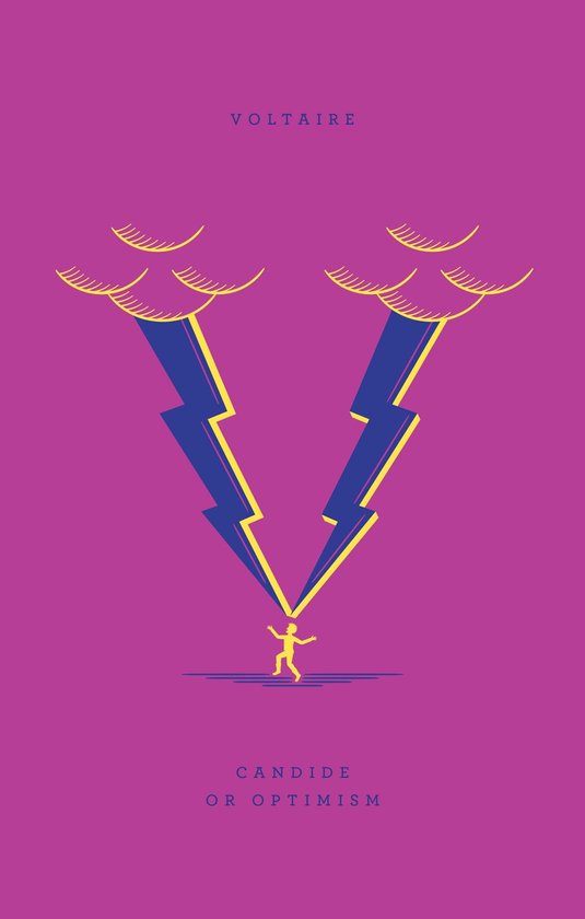 La couverture violette du livre 'Candide ou l'Optimisme' montre une silhouette jaune sous un éclair bleu avec des nuages jaunes.