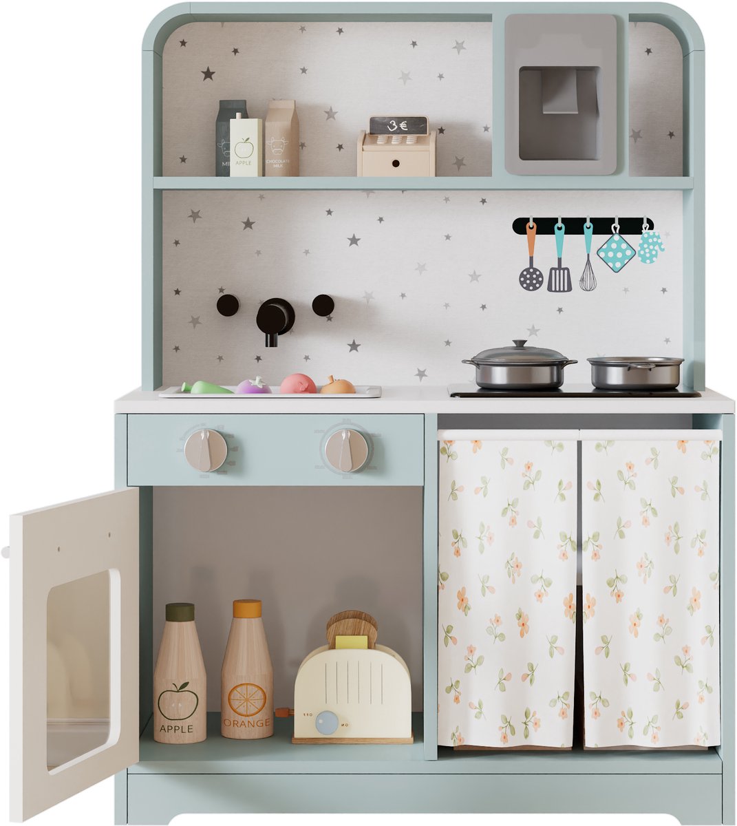 Kinderkeuken, speelkeuken met ijsmachine en magnetron, accessoires en verrassingseffecten, een uitstekend cadeau voor kinderen vanaf 3 jaar, hout + plastic, blauw, 29x60x81cm