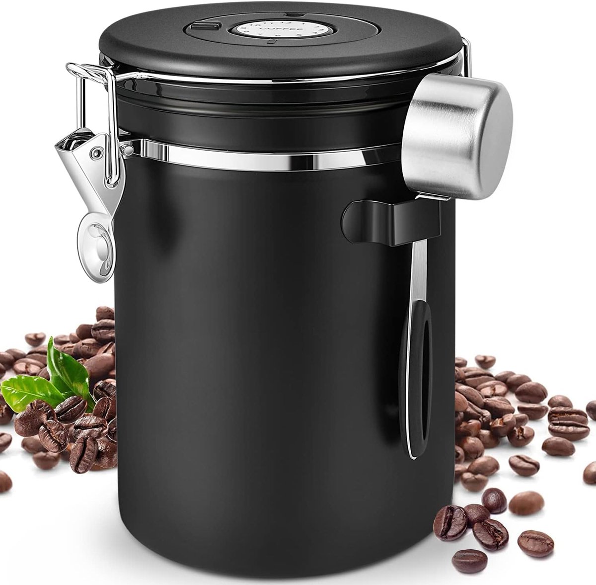 MDUG Afgesloten roestvrijstalen koffiekan - 1,8 liter - Zwart - Met lepel - Met roestvrijstalen filter - Houdt koffie vers - Ook geschikt voor het bewaren van theebladeren, noten en cacaopoeder