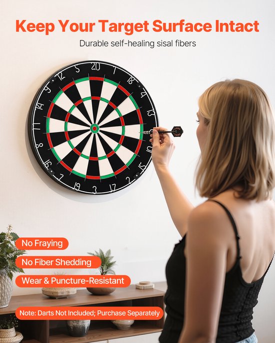 Hoogwaardig dartbord met zelfherstellende sisalvezel, nietjesvrije bullseye, bladdraadontwerp en draaibare cijferring, 450 mm dartbord voor speelkamers en home entertainment (darts niet inbegrepen) — afbeelding 5
