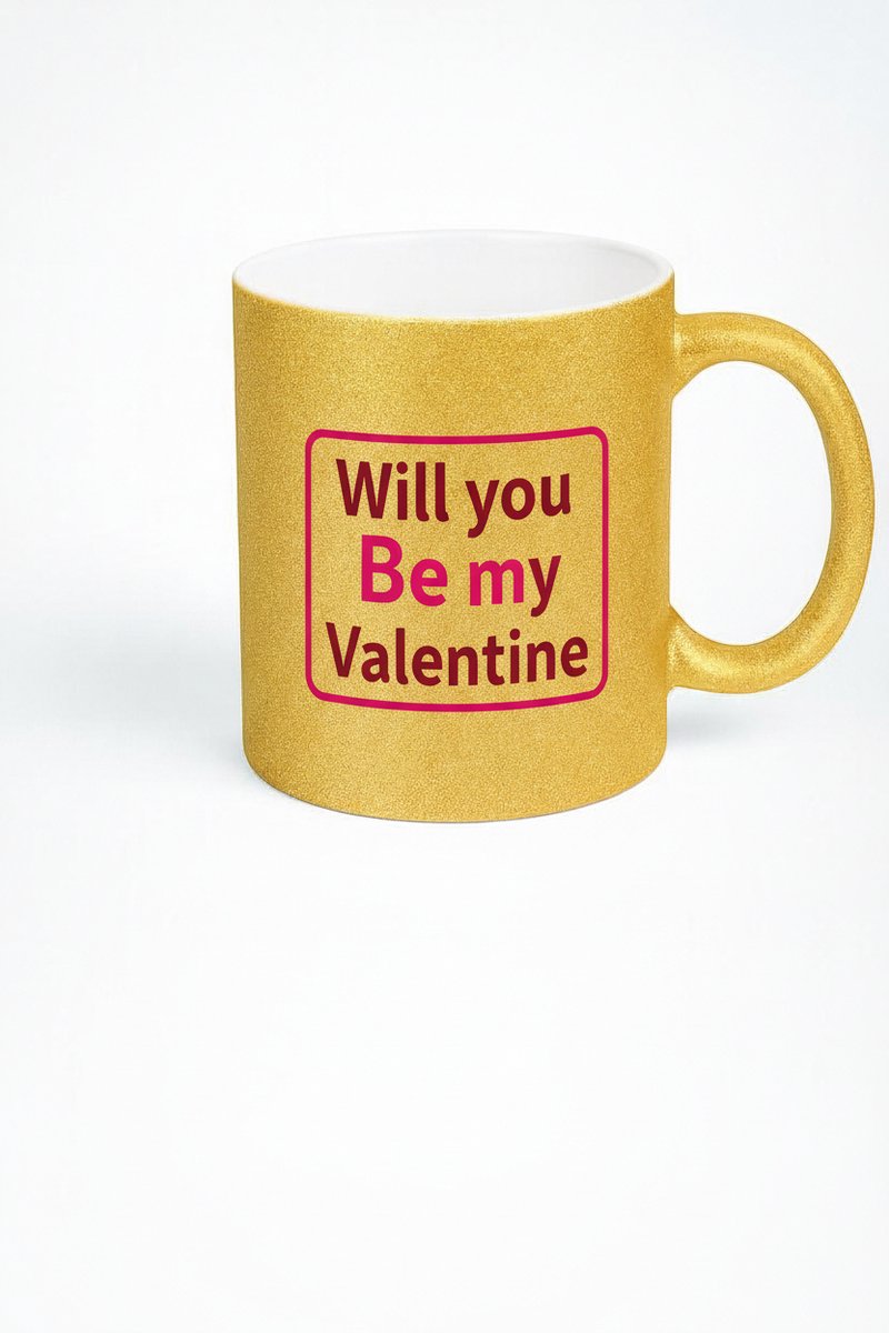Valentijn Glitter Mok - "Will you Be my Valentine" - Gouden Beker Cadeau
