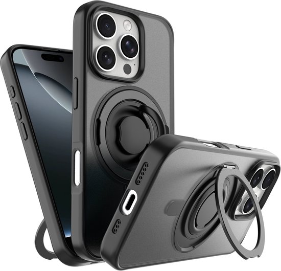 Coque de téléphone noire avec support annulaire et compatibilité MagSafe.