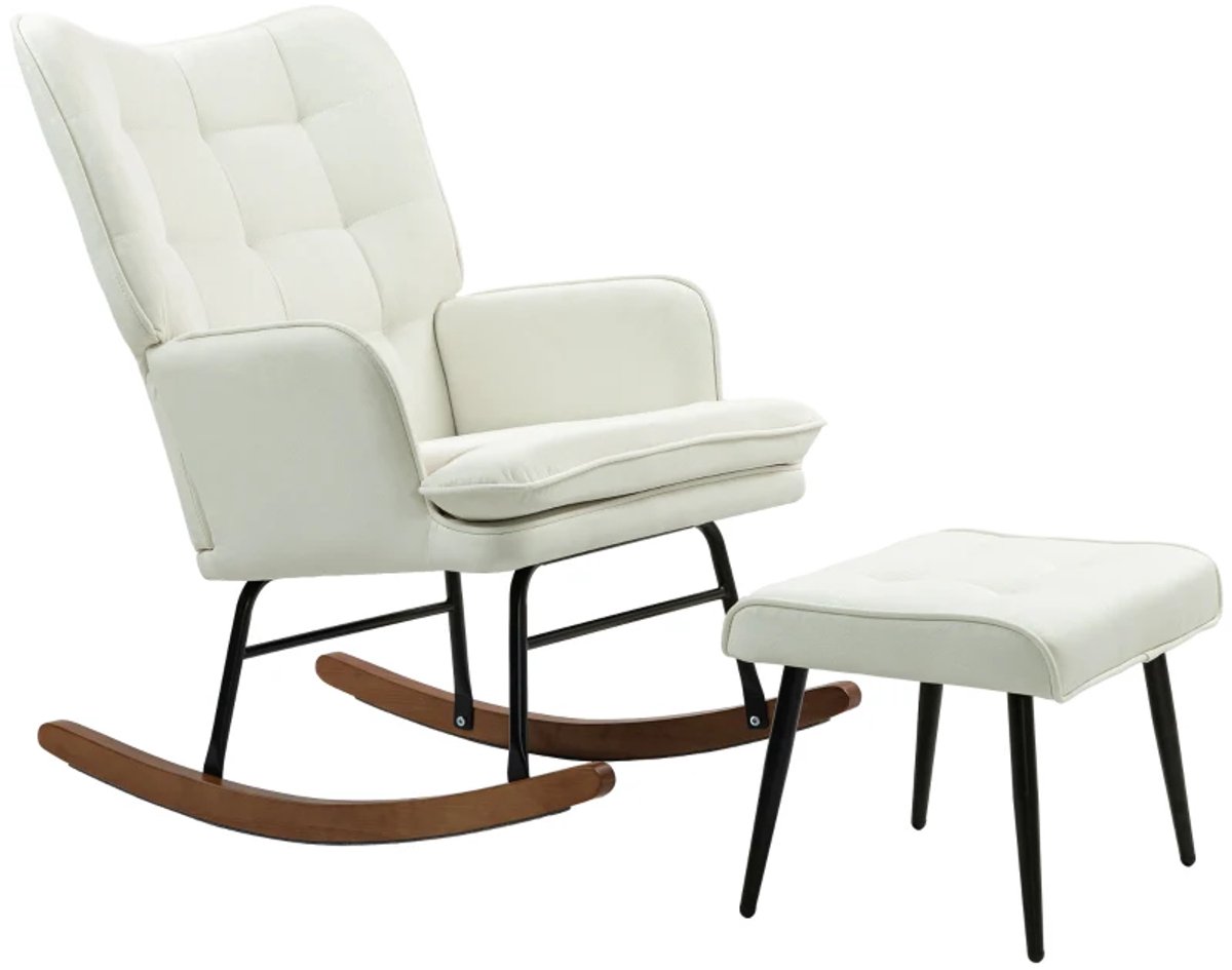 Schommelstoel met Voetenbank - Schommelstoelen Babykamer - Relaxstoel - Fauteuil - tot 130 kg - Voedingsstoel - Ligstoel - TV Stoel - Loungestoel - Leesstoel - Relaxfauteuil - Linnenlook - Crèmewit