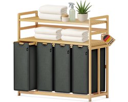 Quvo® Wasmand 4 Vakken - Wassorteerder - Wasmand - Bamboe Frame - Donker Grijs - 103cm x 42cm x 101cm