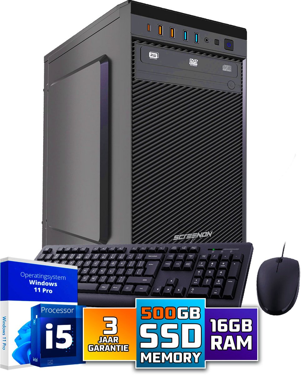 Intel Compleet PC SET | Intel Core i5 | 16 GB DDR4 | 500 GB SSD + Muis & Toetsenbord | Windows 11 Pro + WiFi & Bluetooth