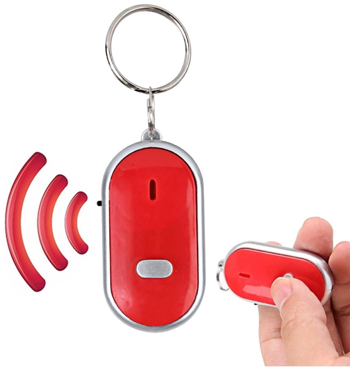 OIMG Keyfinder - 2 Stuks - Draadloze Sleutelzoekers - fluitactivering - Met alarm en knipperlicht - sleutelhangerlocator - Keyfinder voor sleutels - Sleutelvinder - Incl Batterijen - anti-verliesapparaat voor sleutelhanger/tas/bagage - rood