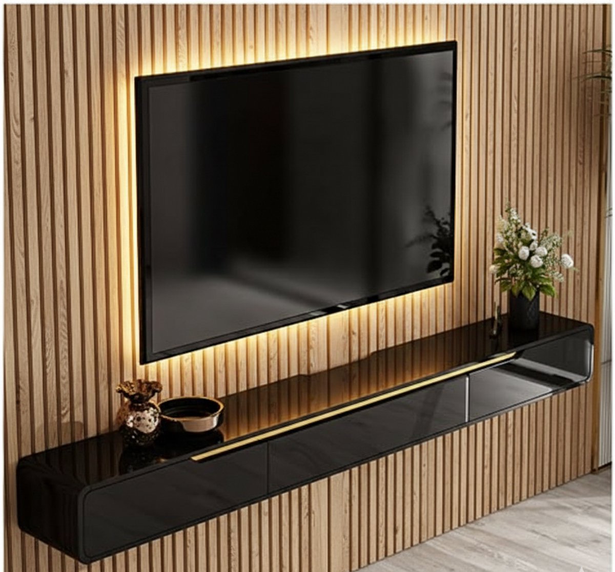 Zwevend TV Meubel Wandmontage met 3 Lades en Deur – Floating Media Console met Grote Opbergruimte & Kabelmanagement – 150 cm Zwart – House&Garden