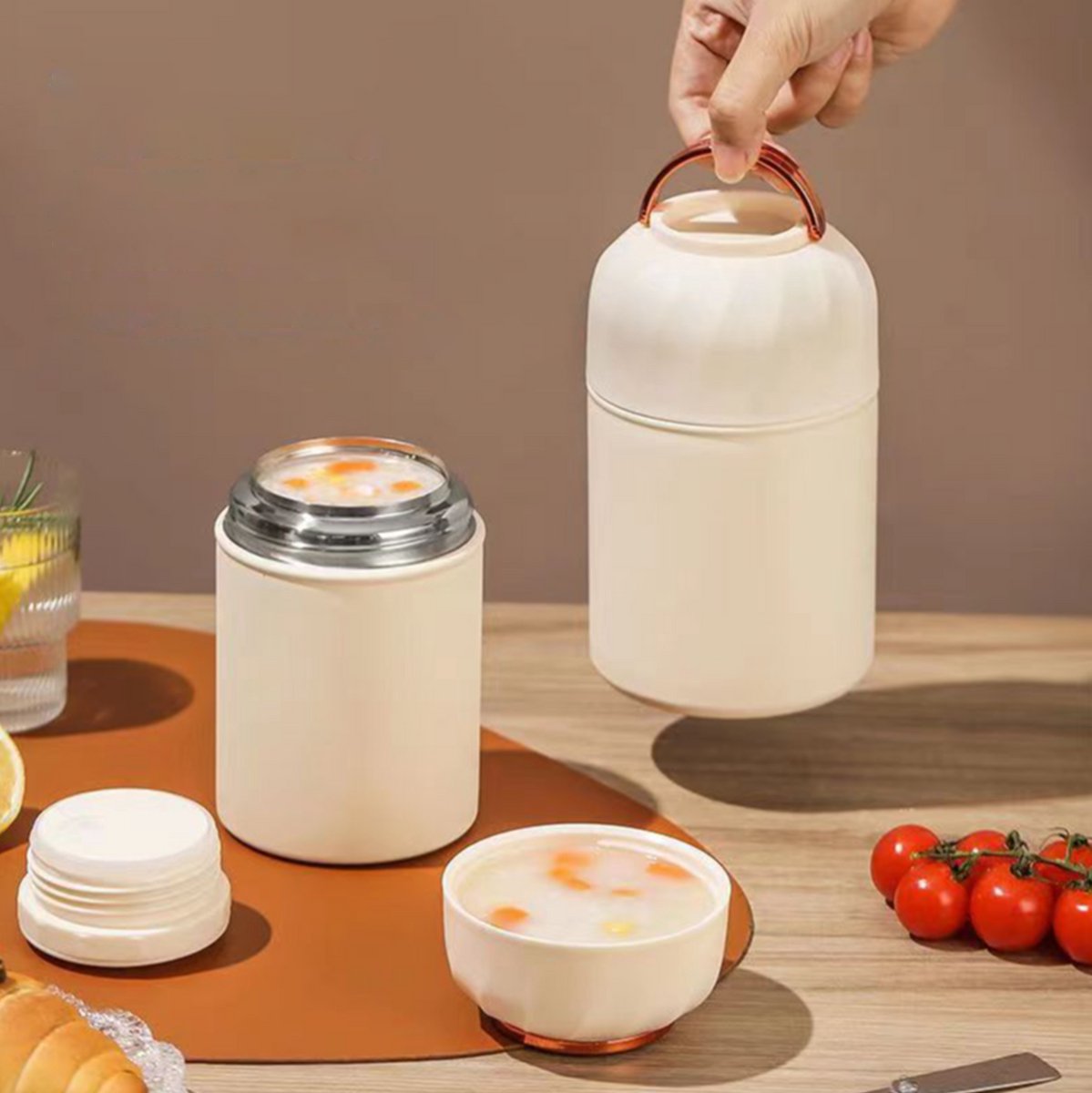 CHIWIN Thermobeker 850 ml Voor Warm Eten – RVS Thermo Lunchbox Met Handvat & Opvouwbare Lepel – Deksel Te Gebruiken Als Kom