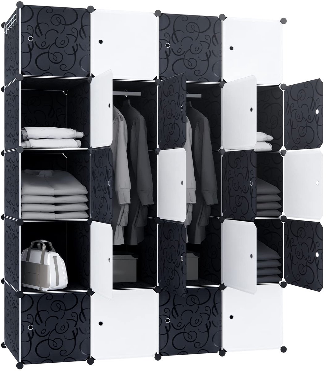 Aufun Modulaire kledingkast - 20 vakken met schoenenrek en kledingstang - zwart en wit