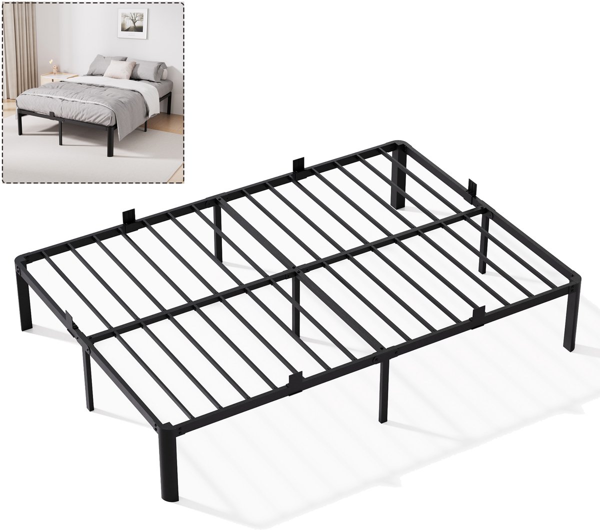Sofetiy Metalen bed tweepersoonsbed - 160x200 cm Bedframe - incl. Lattenbodem - Extra Stevig & Krasvrij - Minimalistisch - Grote Opbergruimte - IJzeren Bed - Voor 2 personen - Eenvoudig te Monteren - Zwart