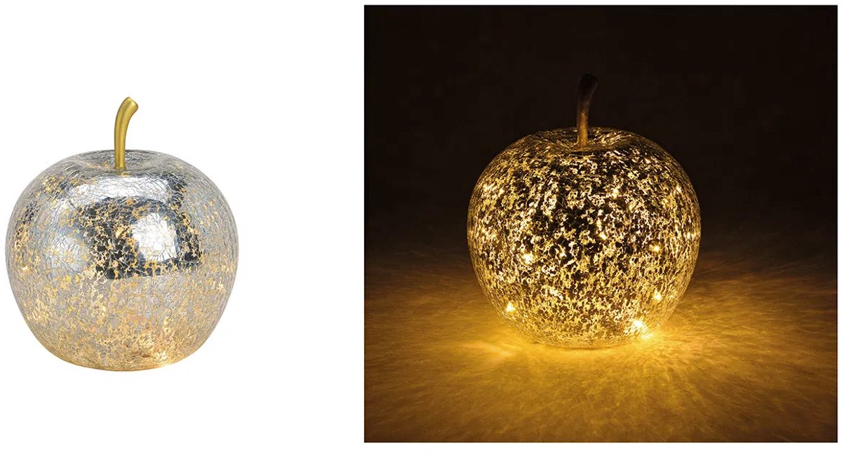Decoratieve glazen appel met licht 20 LED's & timer, zilver, Ø 16x17 cm