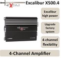 Zwarte 4-kanaals Excalibur X500.4 versterker met ribbels, logo en specificaties.