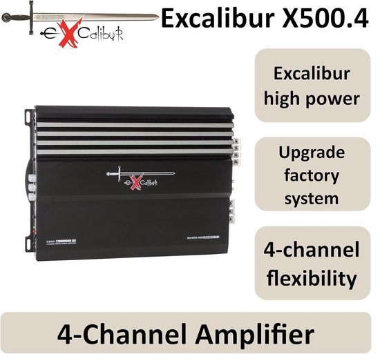 Zwarte 4-kanaals Excalibur X500.4 versterker met ribbels, logo en specificaties.